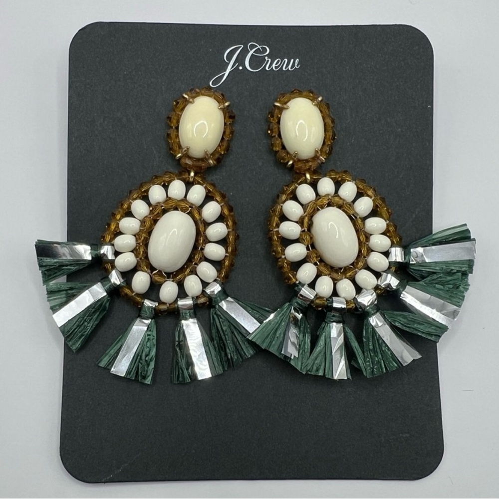 J. Crew Bead and Raffia Fringe Stone Drop Earrings with Dust Bag